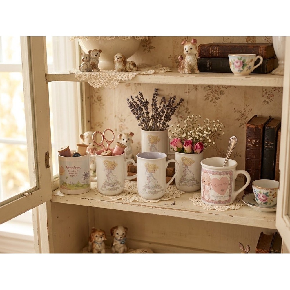 Precious Moments Ceramic Mug Set Vintage Grandma Friends Heart Handle White